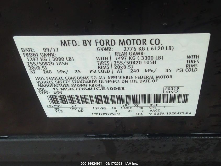 2017 FORD EXPLORER XLT - 1FM5K7D84HGE10968