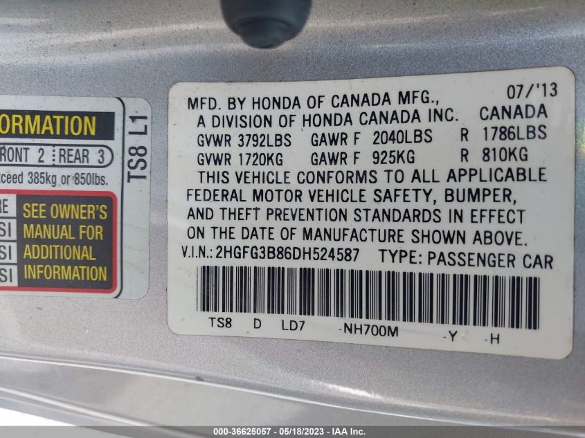 2013 HONDA CIVIC CPE EX 2HGFG3B86DH524587