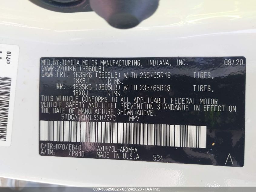2020 TOYOTA HIGHLANDER HYBRID XLE - 5TDGARAH4LS502273