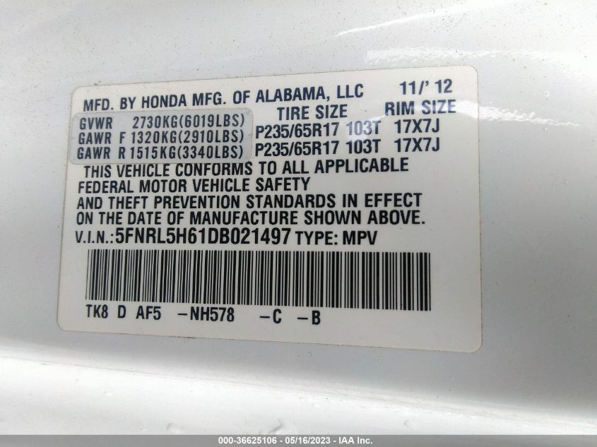 2013 HONDA ODYSSEY EX-L - 5FNRL5H61DB021497