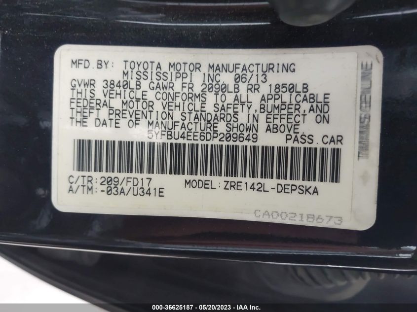 2013 TOYOTA COROLLA L/LE/S - 5YFBU4EE6DP209649