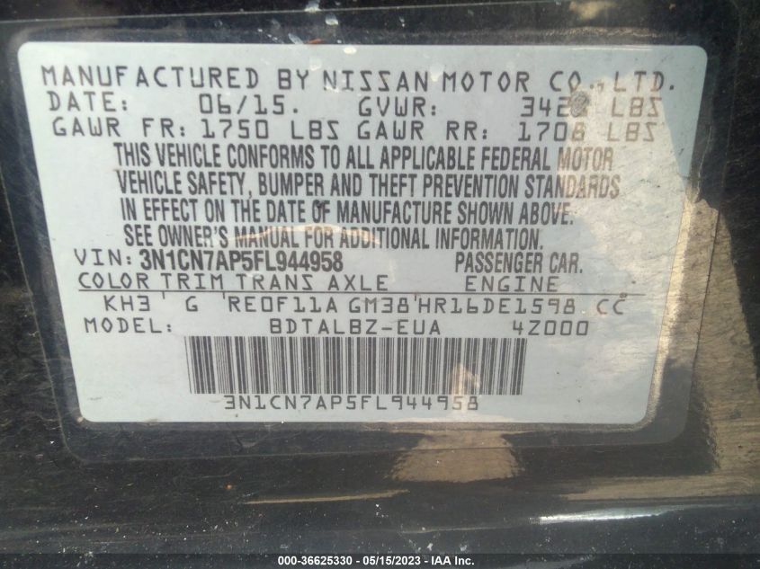 2015 NISSAN VERSA SV - 3N1CN7AP5FL944958