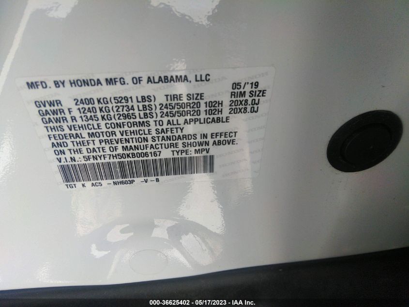 2019 HONDA PASSPORT EX-L - 5FNYF7H50KB006167