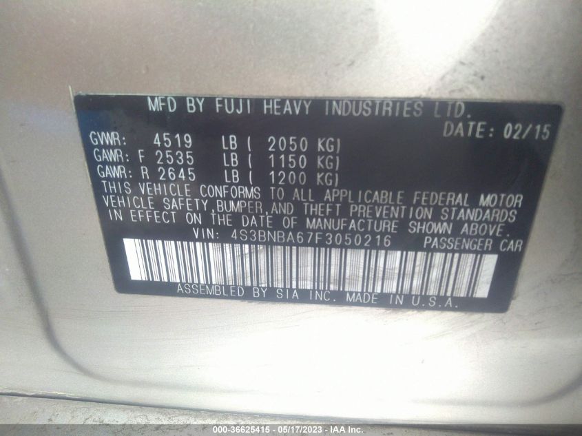 2015 SUBARU LEGACY 2.5I - 4S3BNBA67F3050216