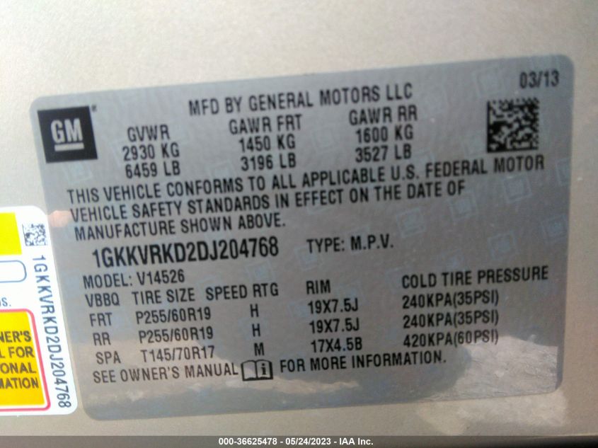 2013 GMC ACADIA SLT - 1GKKVRKD2DJ204768