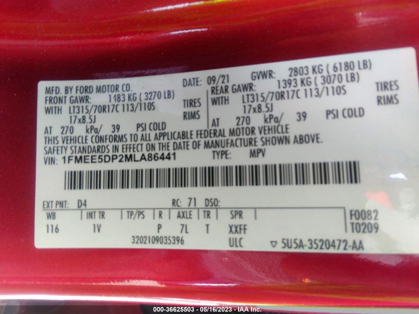 2021 FORD BRONCO BASE/BIG BEND - 1FMEE5DP2MLA86441