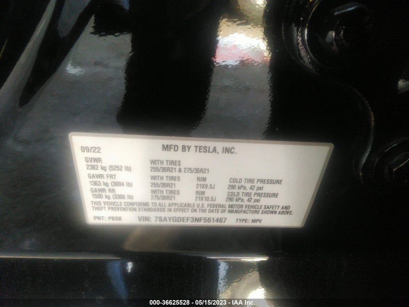 VIN 7SAYGDEF3NF561467 2022 TESLA MODEL Y PERFORMANCE