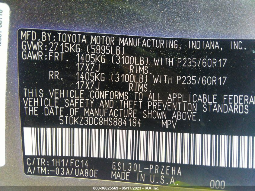 2017 TOYOTA SIENNA LE - 5TDKZ3DC8HS884184