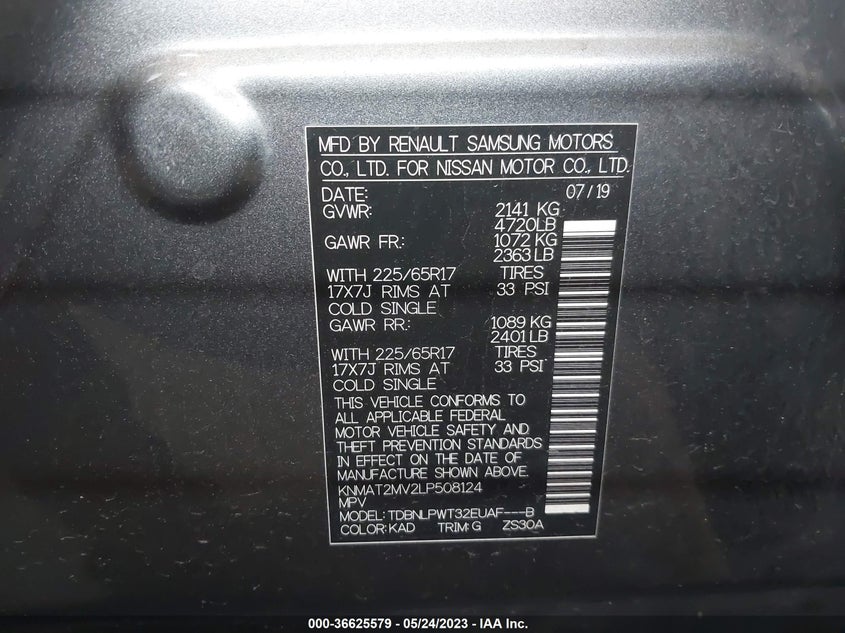VIN KNMAT2MV2LP508124 2020 NISSAN ROGUE S