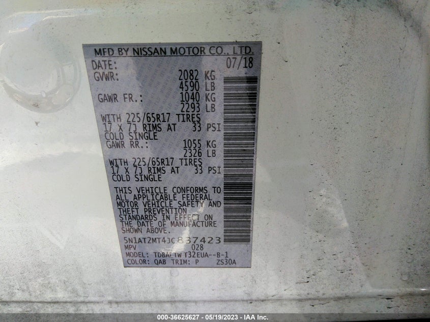 VIN 5N1AT2MT4JC837423 2018 NISSAN ROGUE SV
