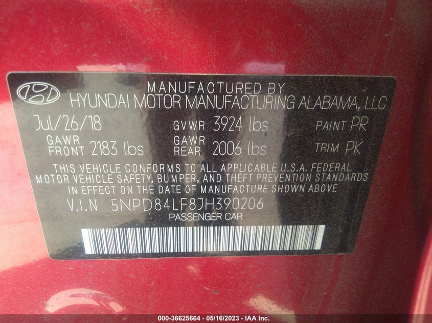 VIN 5NPD84LF8JH390206 2018 HYUNDAI ELANTRA SEL
