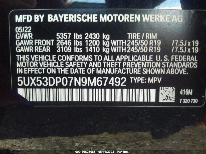 2022 BMW X3 XDRIVE30I - 5UX53DP07N9M67492