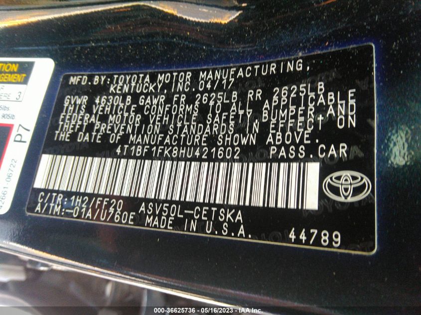 2017 TOYOTA CAMRY XLE/SE/LE/XSE - 4T1BF1FK8HU421602