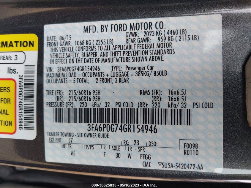 2016 FORD FUSION S - 3FA6P0G74GR154946