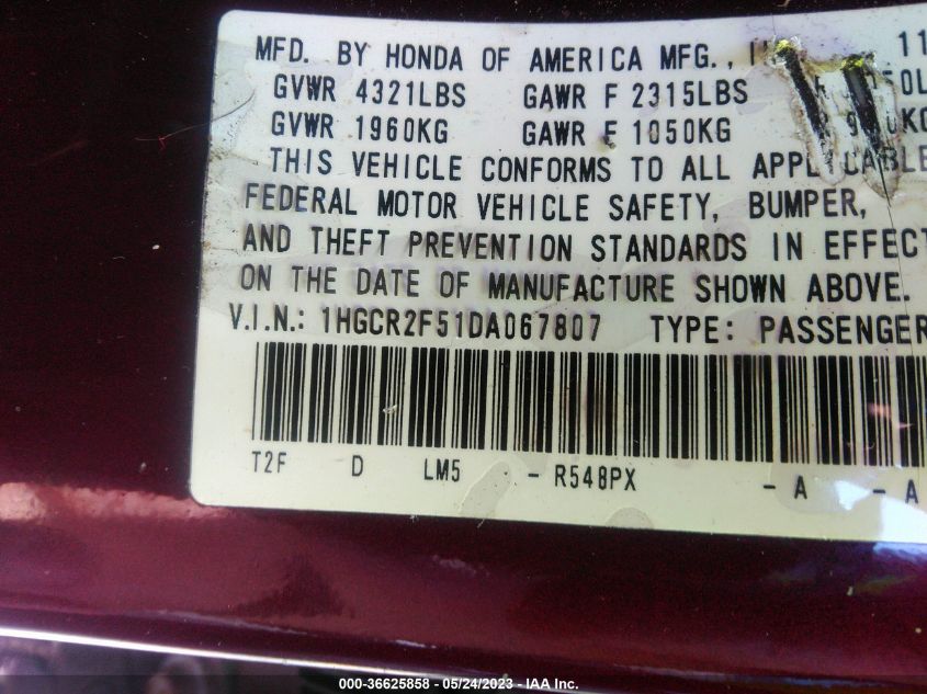 2013 HONDA ACCORD SDN SPORT - 1HGCR2F51DA067807