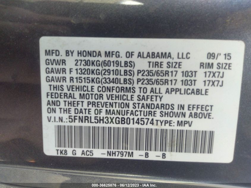 2016 HONDA ODYSSEY SE - 5FNRL5H3XGB014574