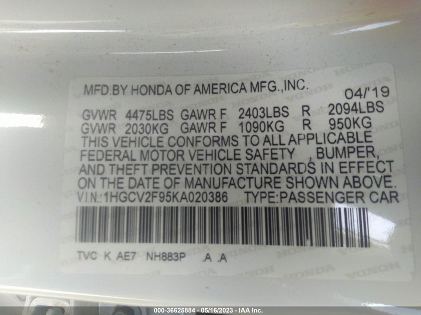 VIN 1HGCV2F95KA020386 2019 HONDA ACCORD SEDAN TOURING 2.0T