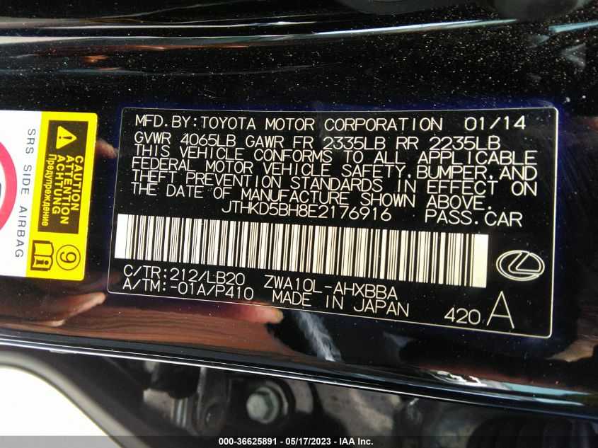 2014 LEXUS CT 200H HYBRID - JTHKD5BH8E2176916