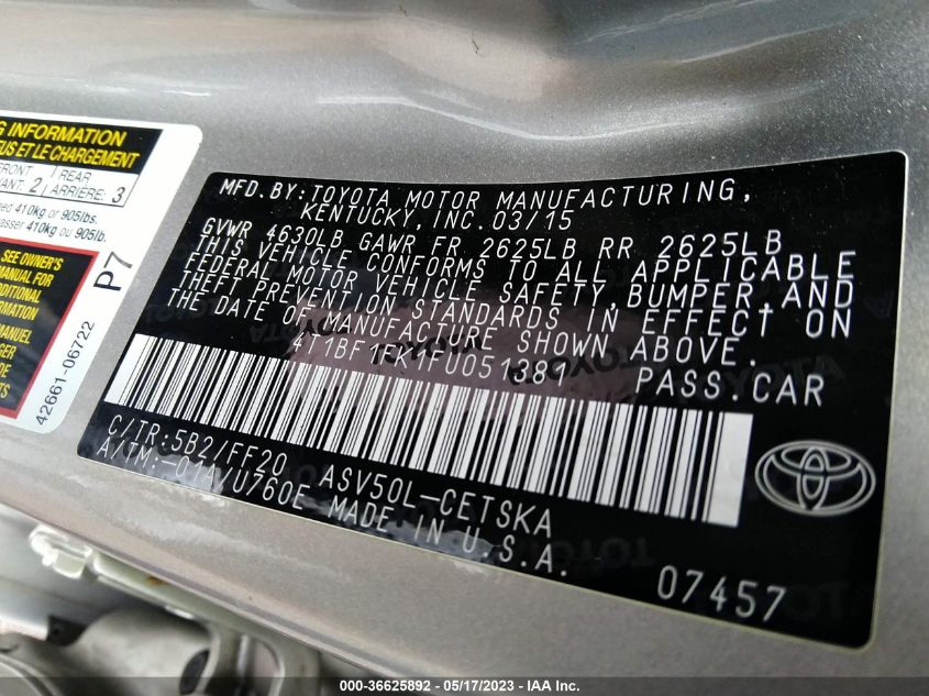 2015 TOYOTA CAMRY XLE/SE/LE/XSE - 4T1BF1FK1FU051381