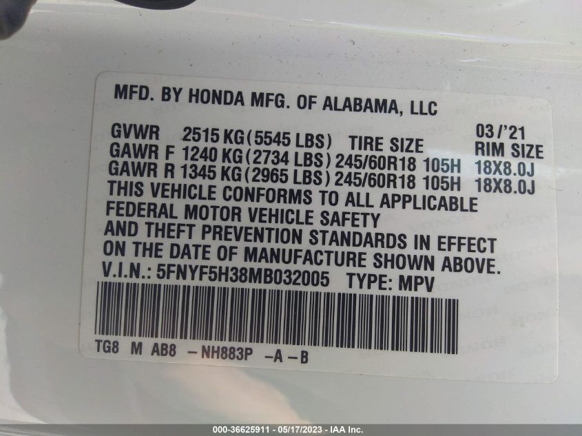 2021 HONDA PILOT EX - 5FNYF5H38MB032005