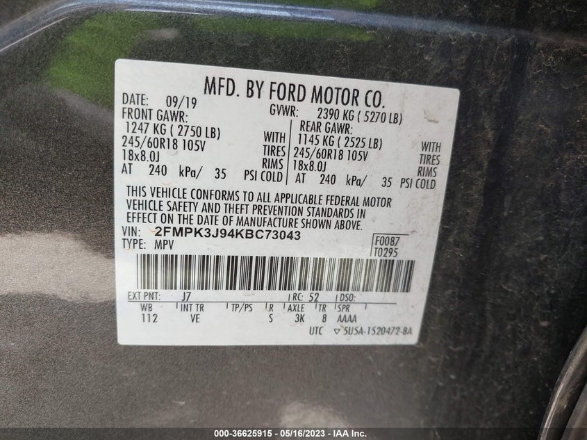 VIN 2FMPK3J94KBC73043 2019 FORD EDGE SEL