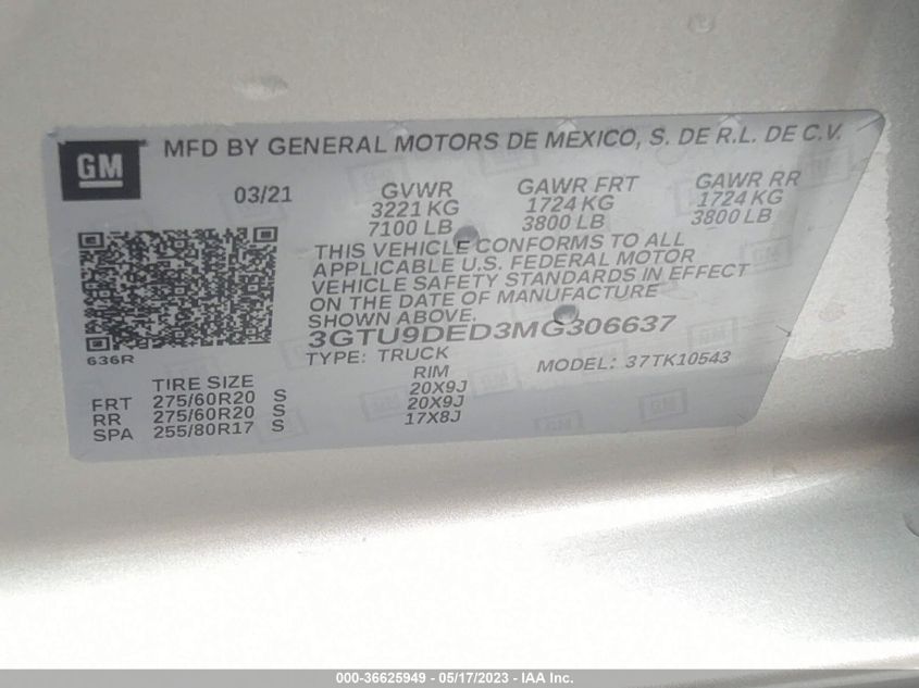 2021 GMC SIERRA 1500 SLT - 3GTU9DED3MG306637