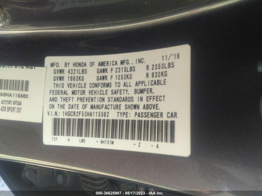 2017 HONDA ACCORD SEDAN SPORT - 1HGCR2F50HA115562