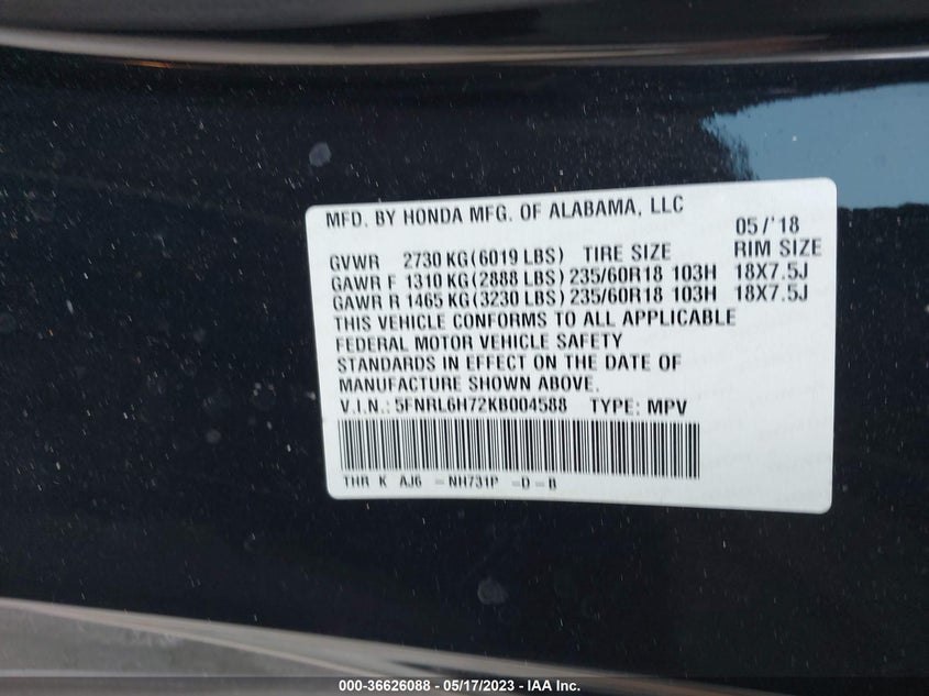 VIN 5FNRL6H72KB004588 2019 HONDA ODYSSEY EX-L