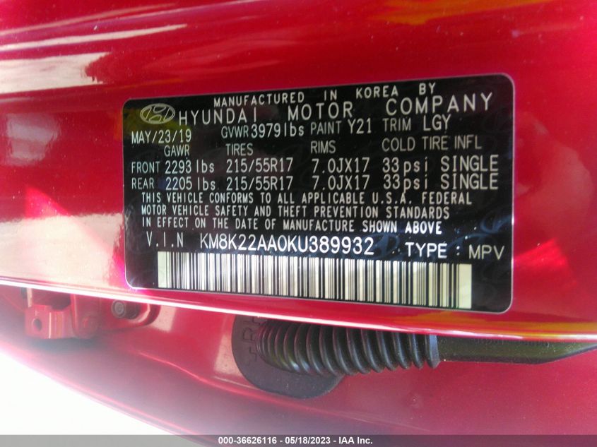 2019 HYUNDAI KONA SEL - KM8K22AA0KU389932