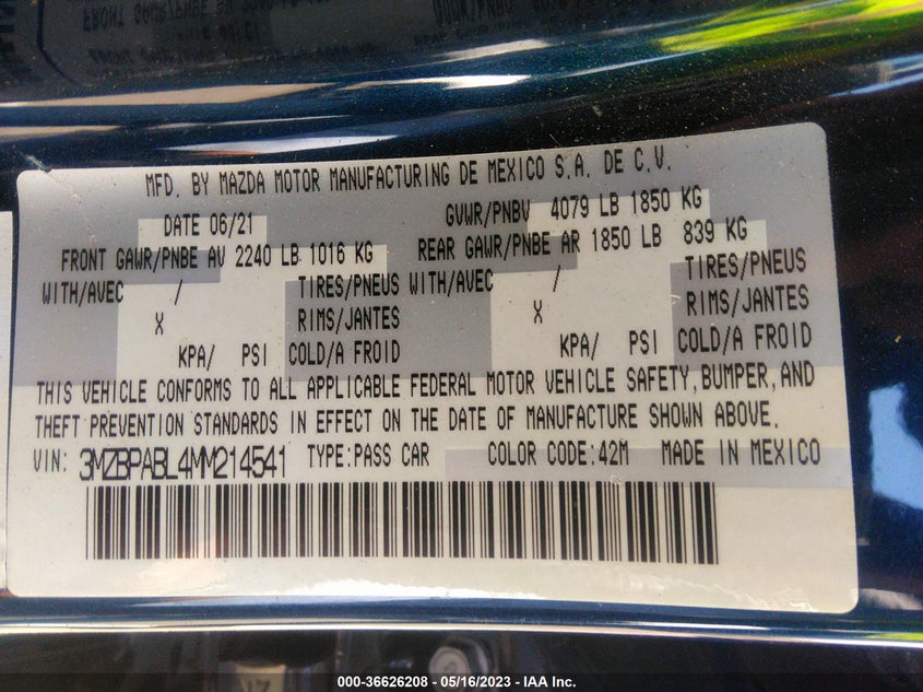 VIN 3MZBPABL4MM214541 2021 MAZDA MAZDA3 SEDAN SELECT