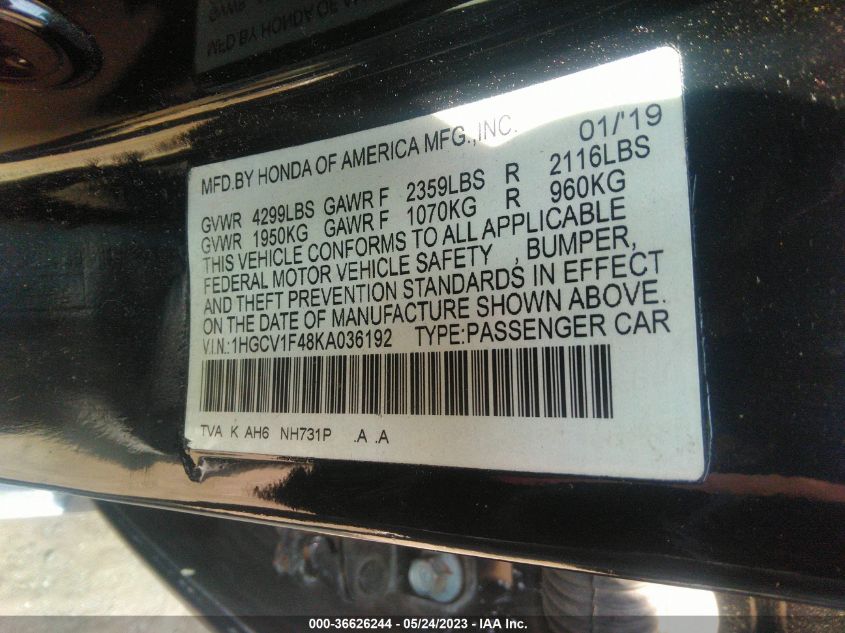 2019 HONDA ACCORD SEDAN EX 1.5T - 1HGCV1F48KA036192