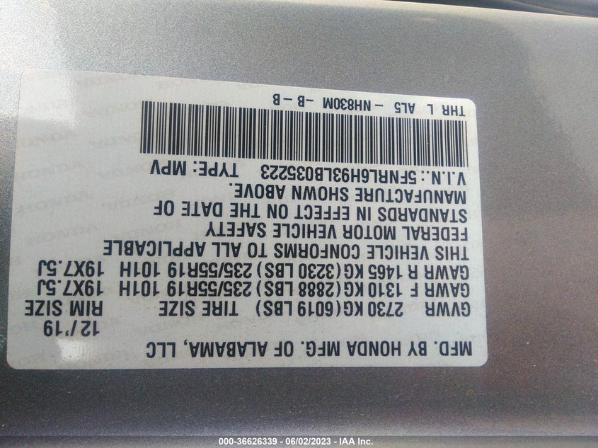 VIN 5FNRL6H93LB035223 2020 HONDA ODYSSEY ELITE