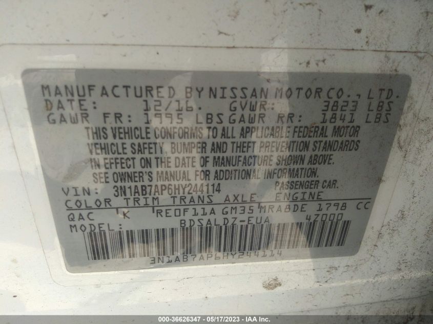 2017 NISSAN SENTRA SV - 3N1AB7AP6HY244114