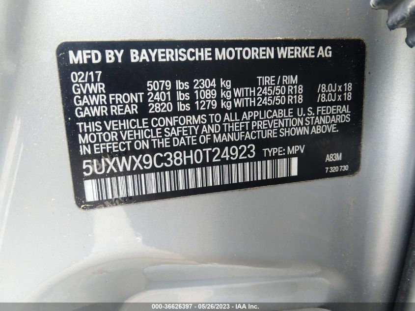 2017 BMW X3 XDRIVE28I - 5UXWX9C38H0T24923