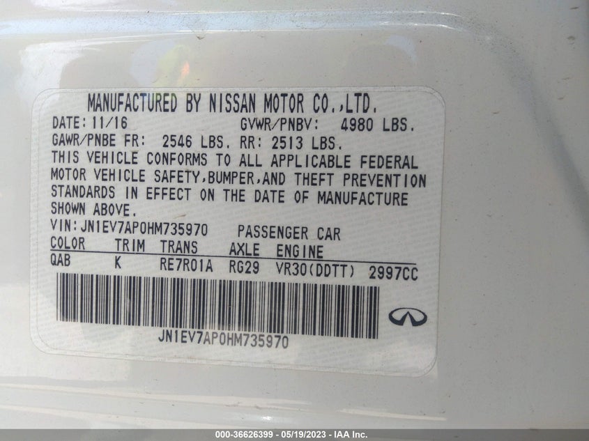 VIN JN1EV7AP0HM735970 2017 INFINITI Q50 3.0T PREMIUM