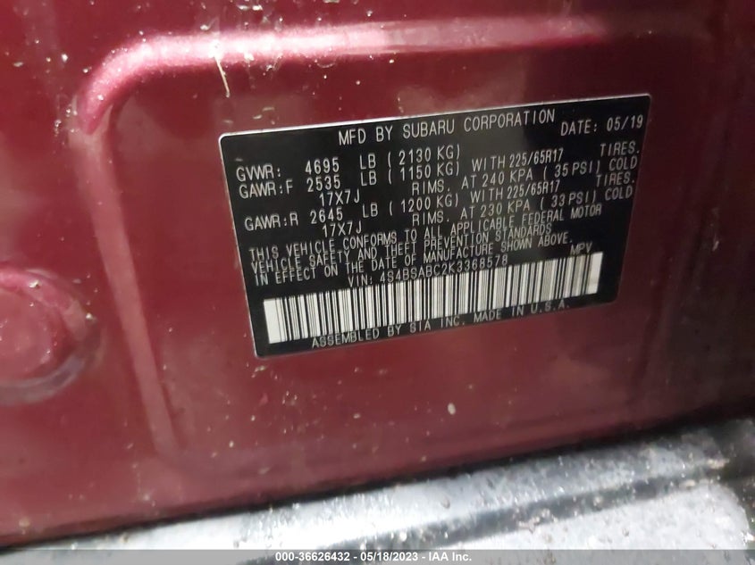VIN 4S4BSABC2K3368578 2019 SUBARU OUTBACK