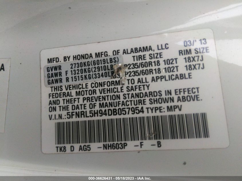 2013 HONDA ODYSSEY TOURING ELITE - 5FNRL5H94DB057954