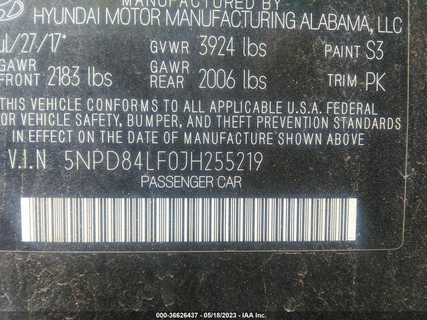 VIN 5NPD84LF0JH255219 2018 HYUNDAI ELANTRA SEL