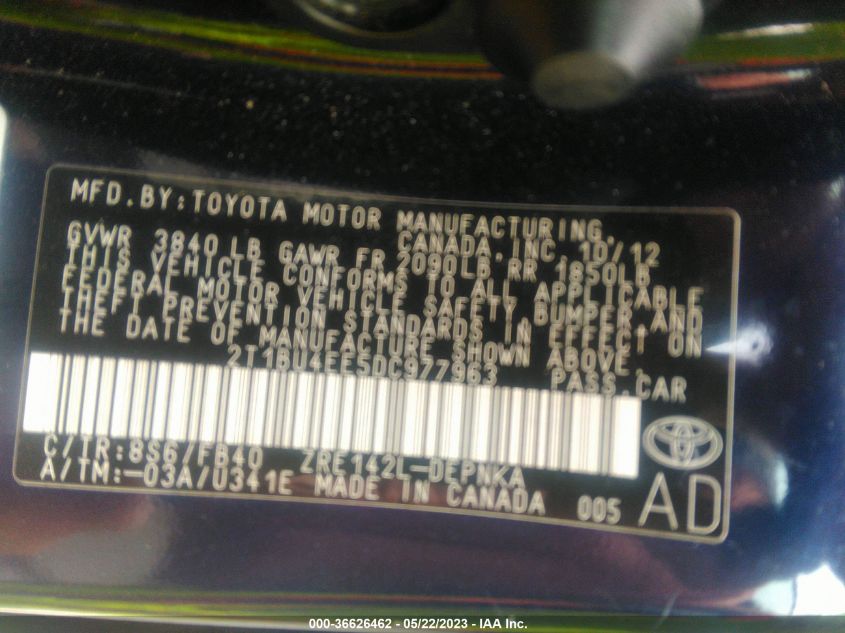 2013 TOYOTA COROLLA L/LE/S - 2T1BU4EE5DC977963