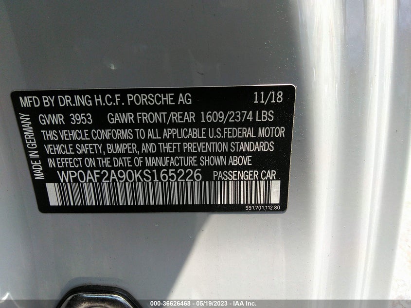 VIN WP0AF2A90KS165226 2019 PORSCHE 911 GT3 RS