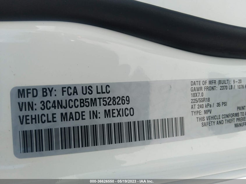 VIN 3C4NJCCB5MT528269 2021 JEEP COMPASS LIMITED