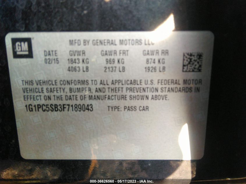 2015 CHEVROLET CRUZE LT - 1G1PC5SB3F7189043