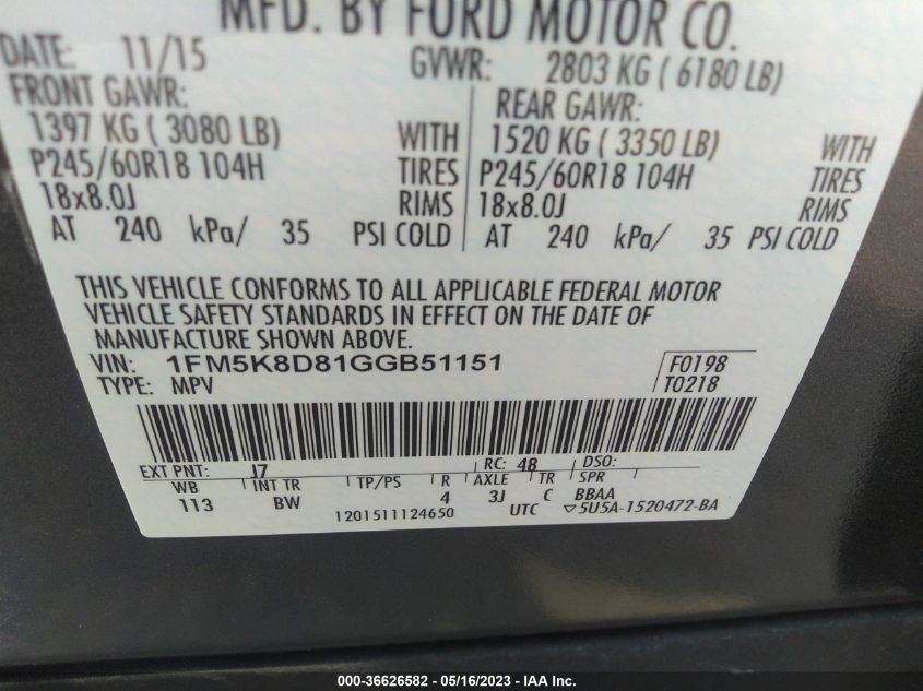 2016 FORD EXPLORER XLT - 1FM5K8D81GGB51151