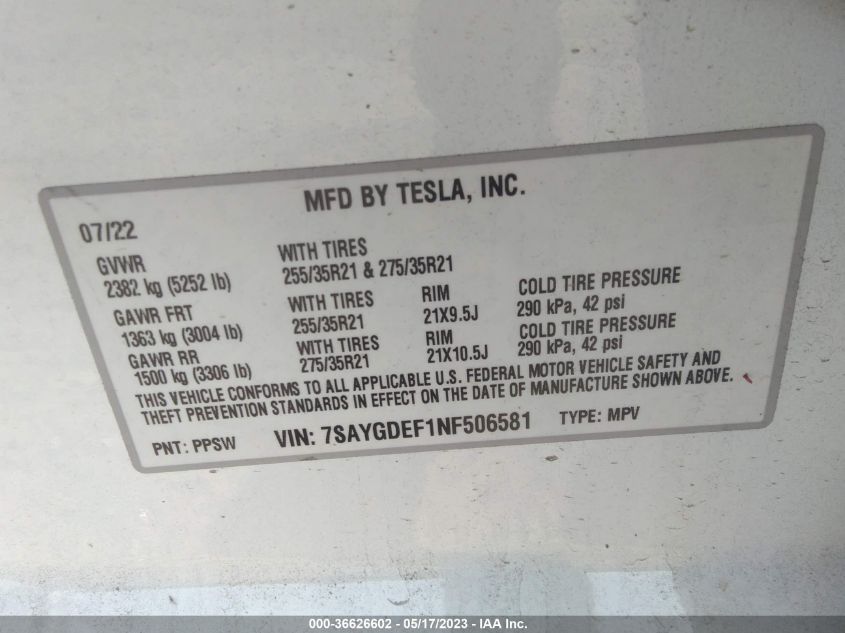 2022 TESLA MODEL Y PERFORMANCE - 7SAYGDEF1NF506581