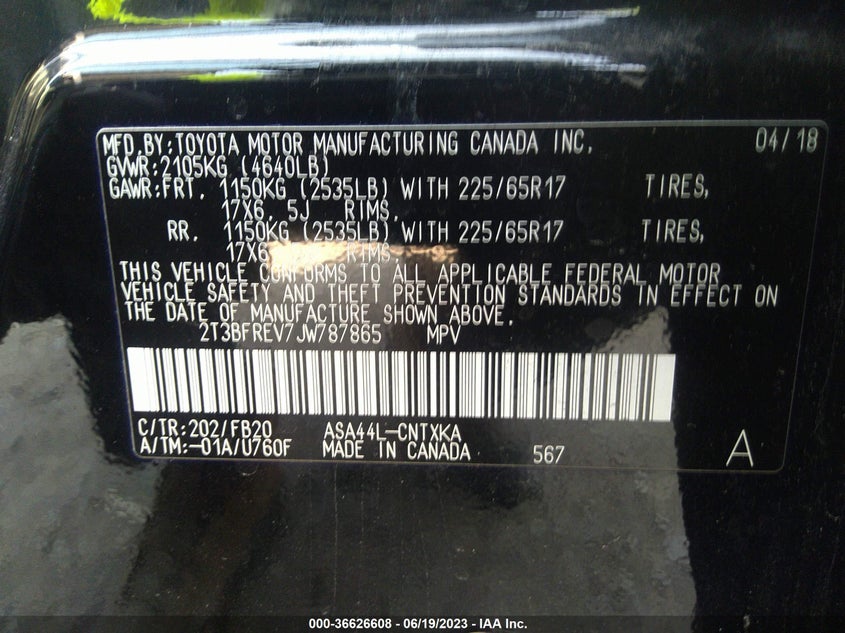 VIN 2T3BFREV7JW787865 2018 TOYOTA RAV4 LE