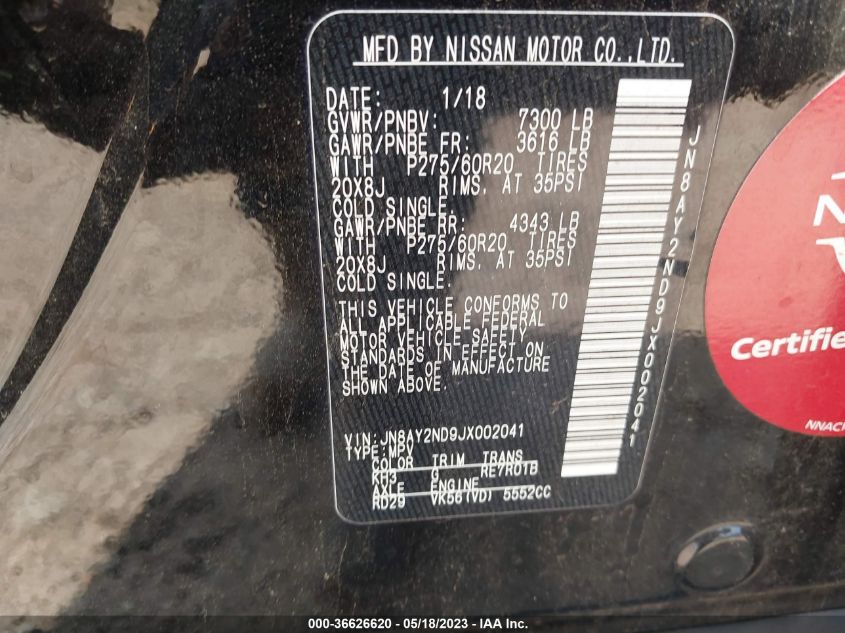 2018 NISSAN ARMADA PLATINUM - JN8AY2ND9JX002041