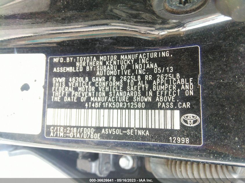 2013 TOYOTA CAMRY L/LE/SE/XLE - 4T4BF1FK5DR312580