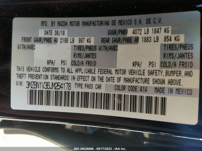 2018 MAZDA MAZDA3 4-DOOR TOURING - 3MZBN1V36JM254178