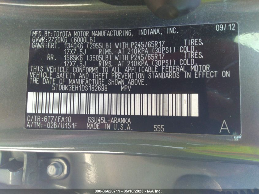 2013 TOYOTA HIGHLANDER - 5TDBK3EH1DS182698