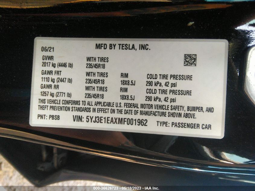 2021 TESLA MODEL 3 STANDARD RANGE PLUS - 5YJ3E1EAXMF001962